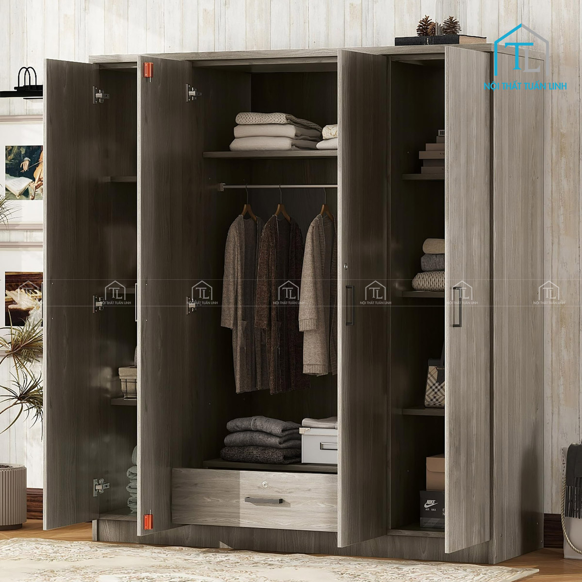 Tủ quần áo 4 cánh gỗ MDF màu xám vân gỗ, thiết kế hiện đại có ngăn kéo