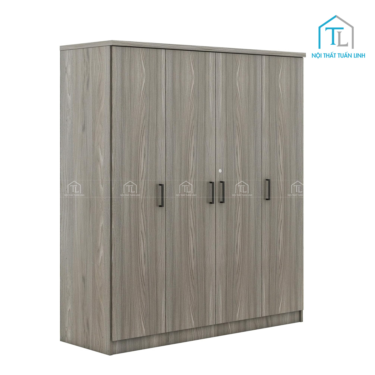 Tủ quần áo 4 cánh gỗ MDF màu xám vân gỗ, thiết kế hiện đại có ngăn kéo
