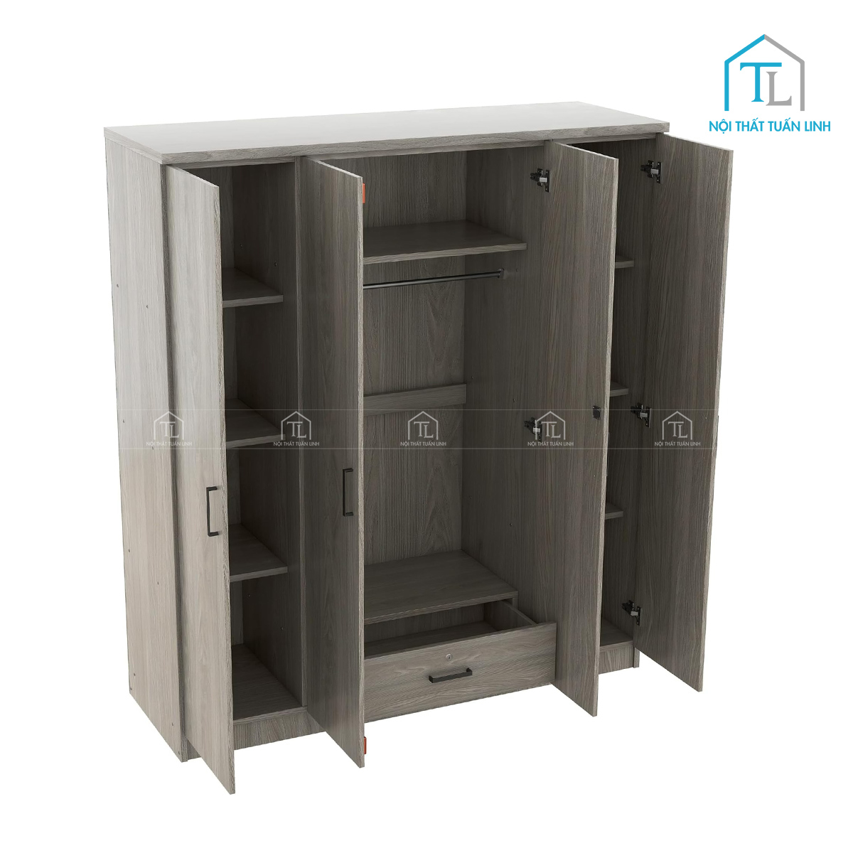 Tủ quần áo 4 cánh gỗ MDF màu xám vân gỗ, thiết kế hiện đại có ngăn kéo