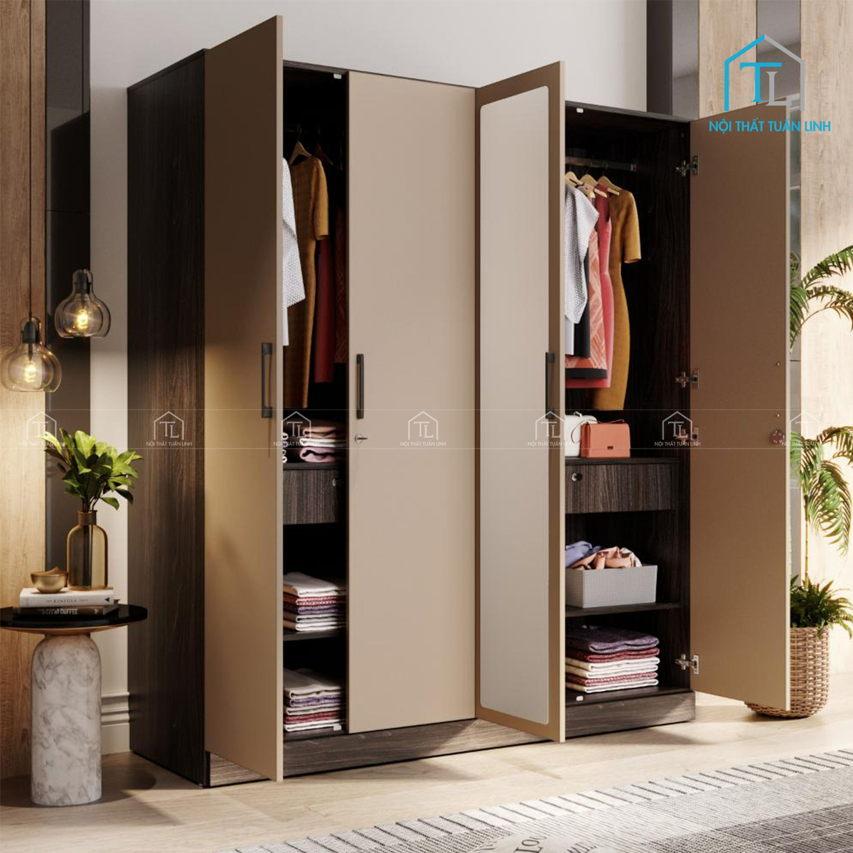 Tủ quần áo 4 cánh gỗ MDF phủ melamine, có gường soi, thiết kế hiện đại