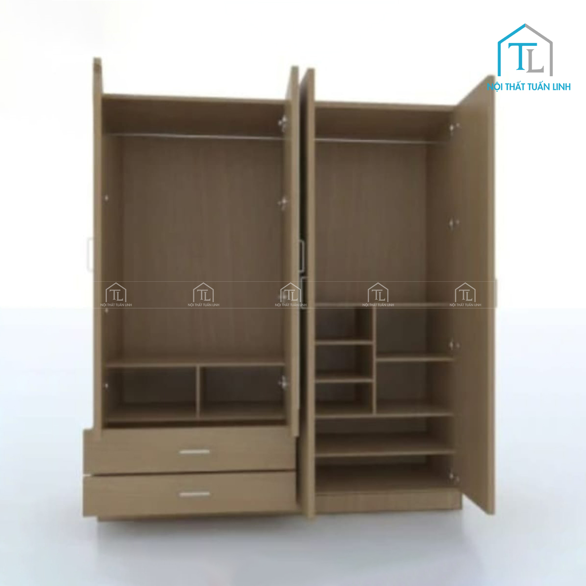 Tủ quần áo 4 cánhgỗ MDF phủ melamine màu nâu gỗ tự nhiên, kết hợp gương soi