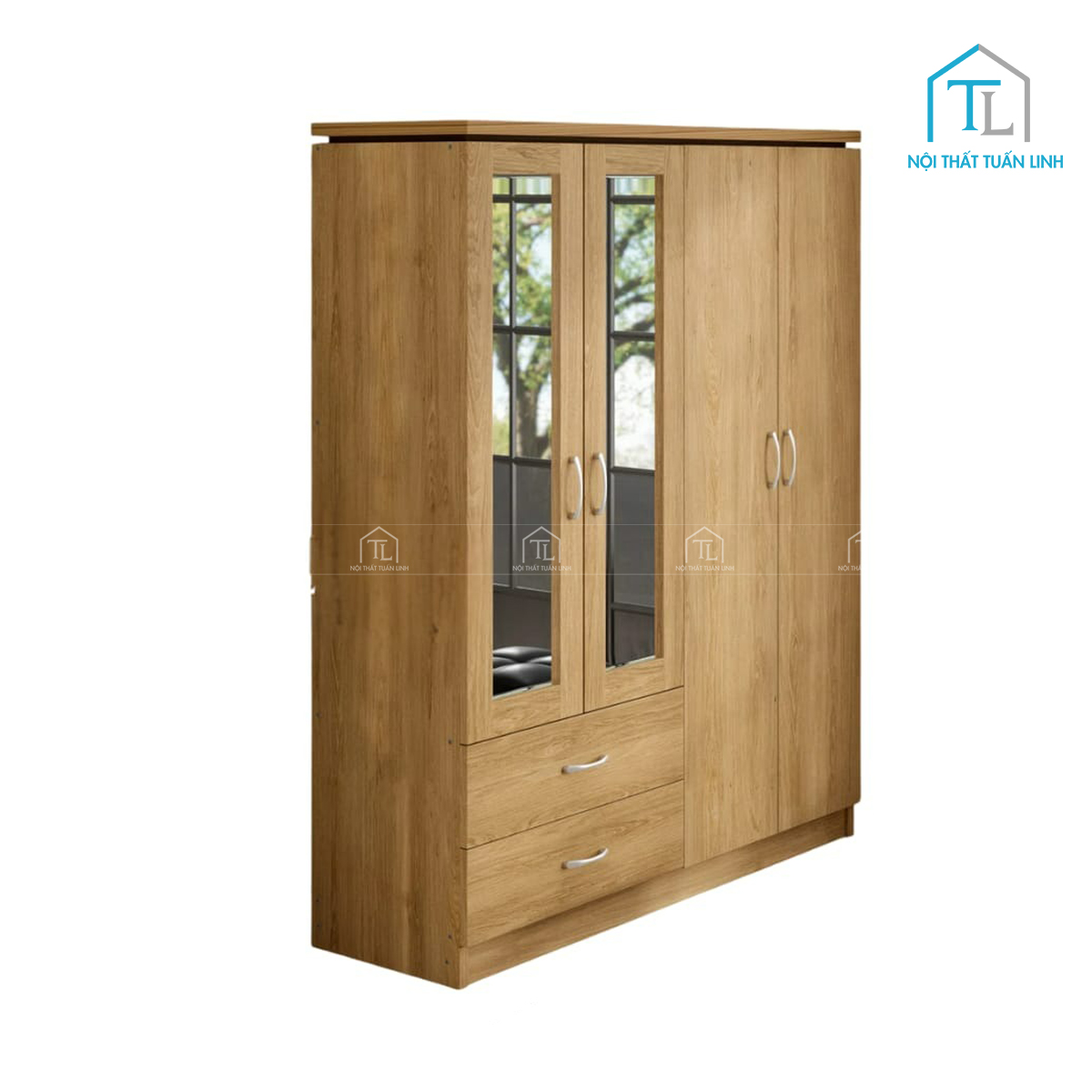 Tủ quần áo 4 cánhgỗ MDF phủ melamine màu nâu gỗ tự nhiên, kết hợp gương soi