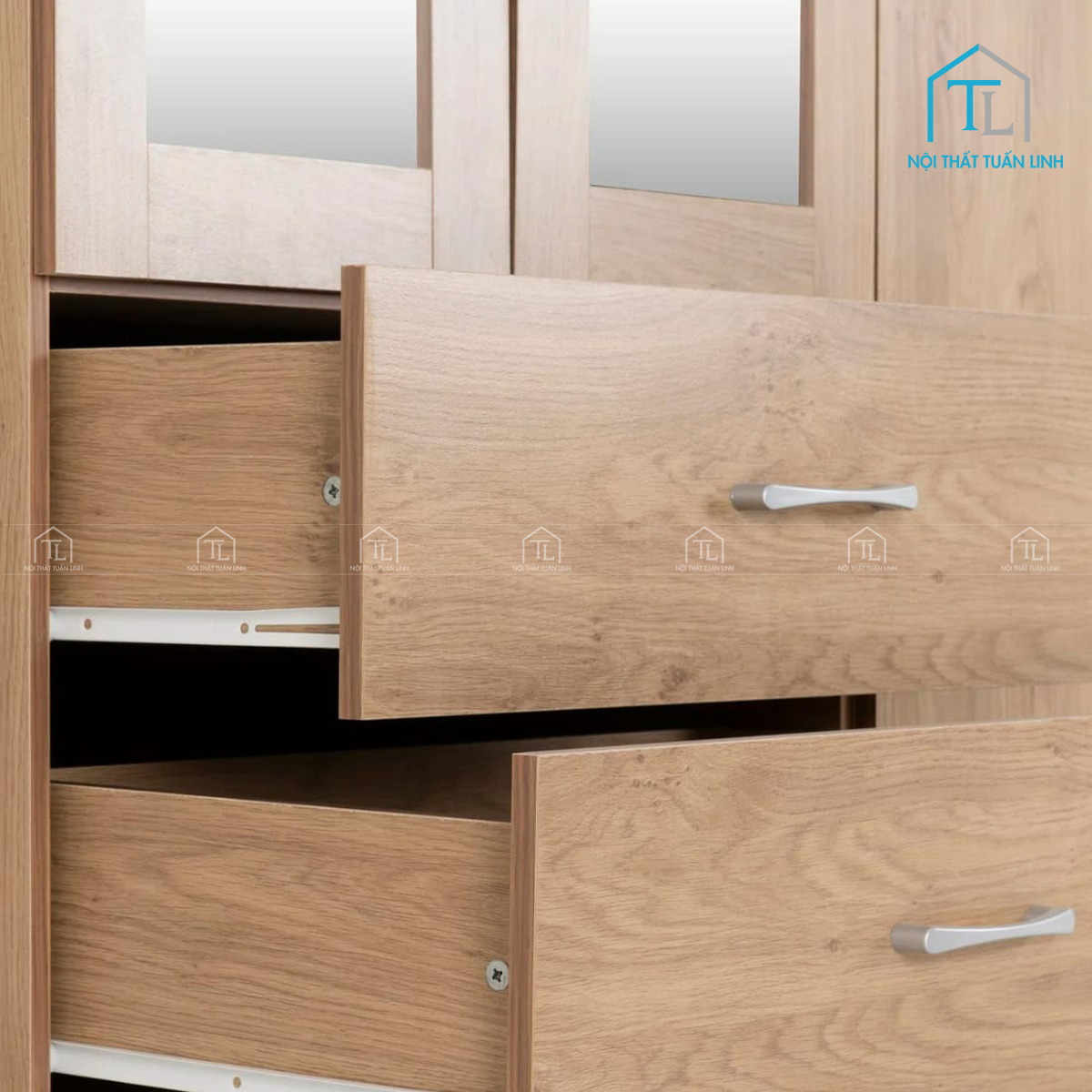 Tủ quần áo 4 cánhgỗ MDF phủ melamine màu nâu gỗ tự nhiên, kết hợp gương soi