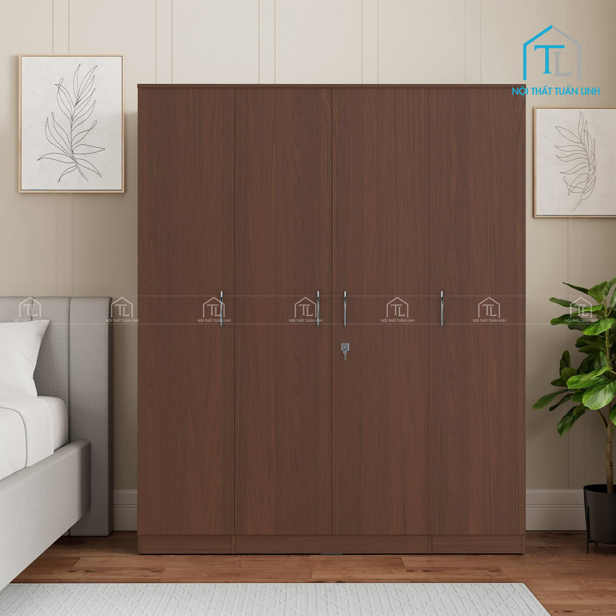 Tủ quần áo 4 cánh gỗ MDF phủ melamine màu nâu walnut