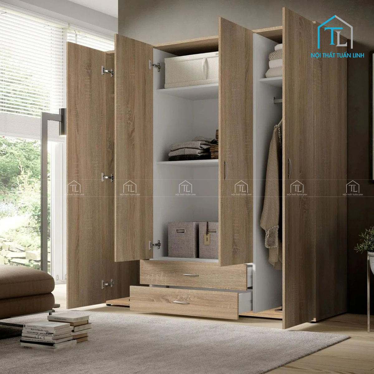 Tủ quần áo 4 cánh gỗ MDF phủ melamine màu nâu walnut