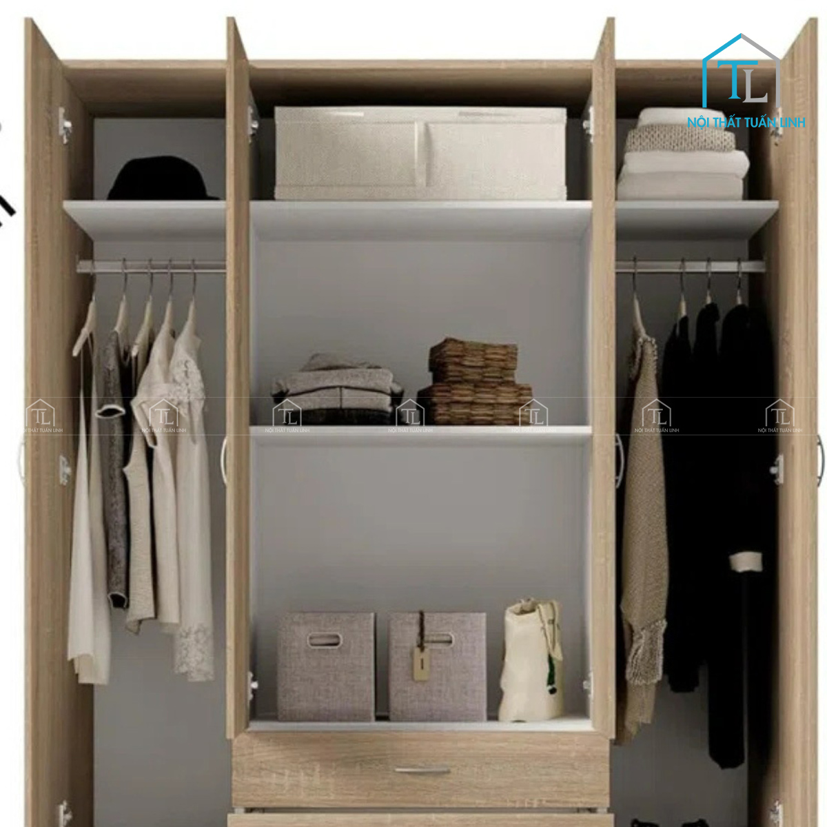 Tủ quần áo 4 cánh gỗ MDF phủ melamine màu nâu walnut