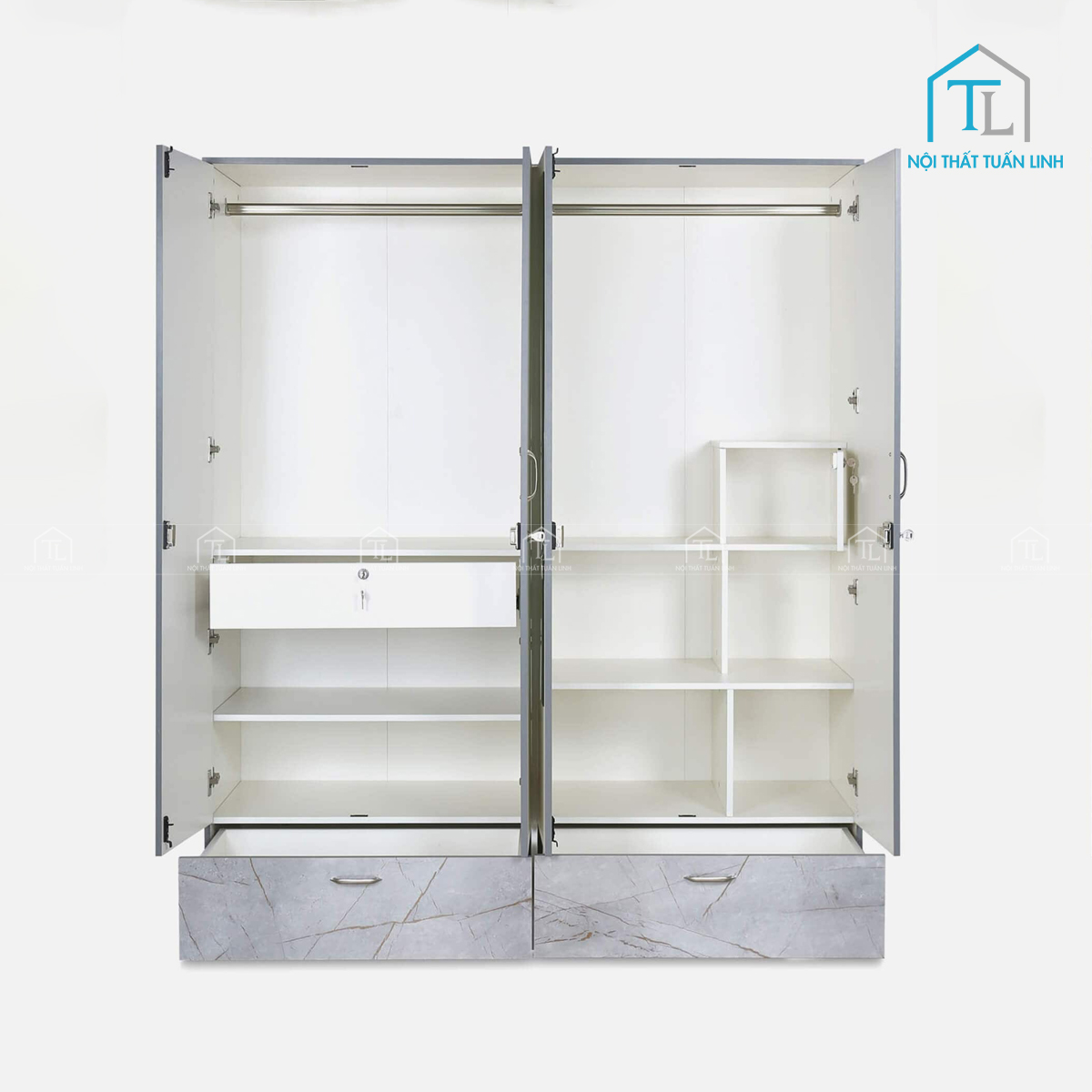 Tủ quần áo 4 cánh gỗ MDF phủ Melamine trắng kèm gương hiện đại