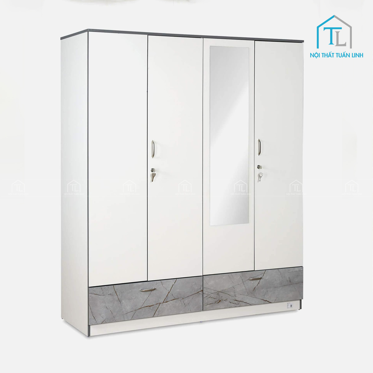 Tủ quần áo 4 cánh gỗ MDF phủ Melamine trắng kèm gương hiện đại