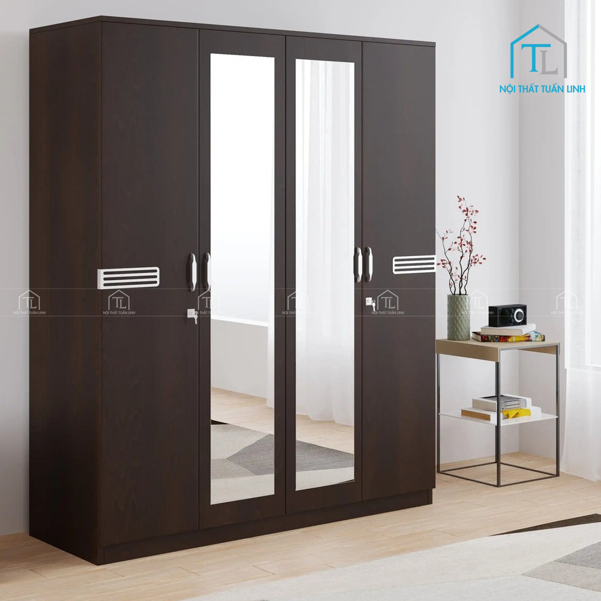 Tủ quần áo 4 cánh gỗ MDF phủ melamine màu wenge có gương soi
