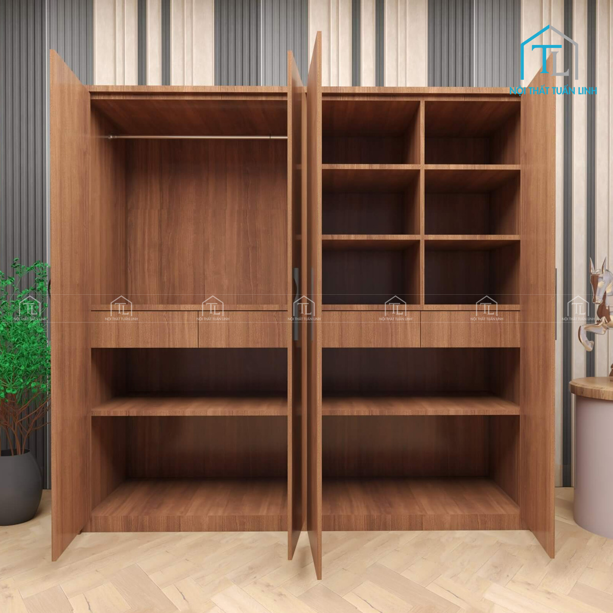 Tủ quần áo 4 cánh gỗ MDF thiết kế hiện đại