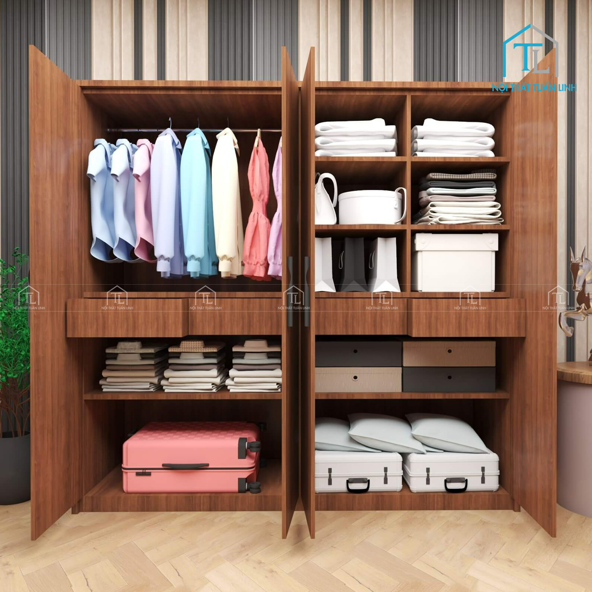 Tủ quần áo 4 cánh gỗ MDF thiết kế hiện đại