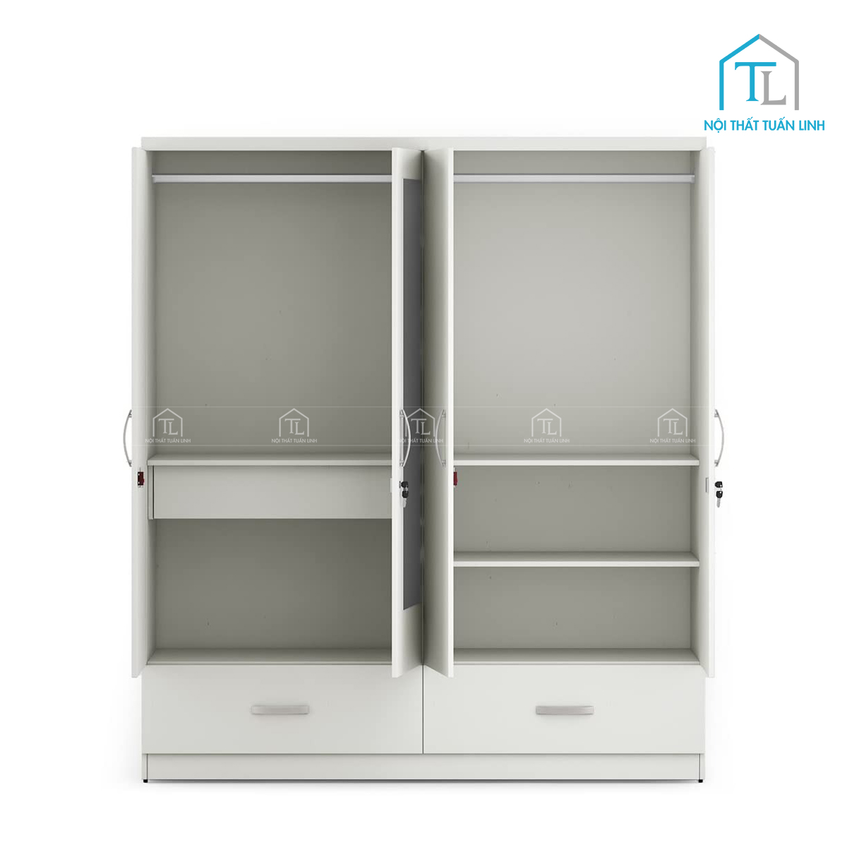 Tủ quần áo 4 cánh màu trắng gỗ công nghiệp có gương hiện đại