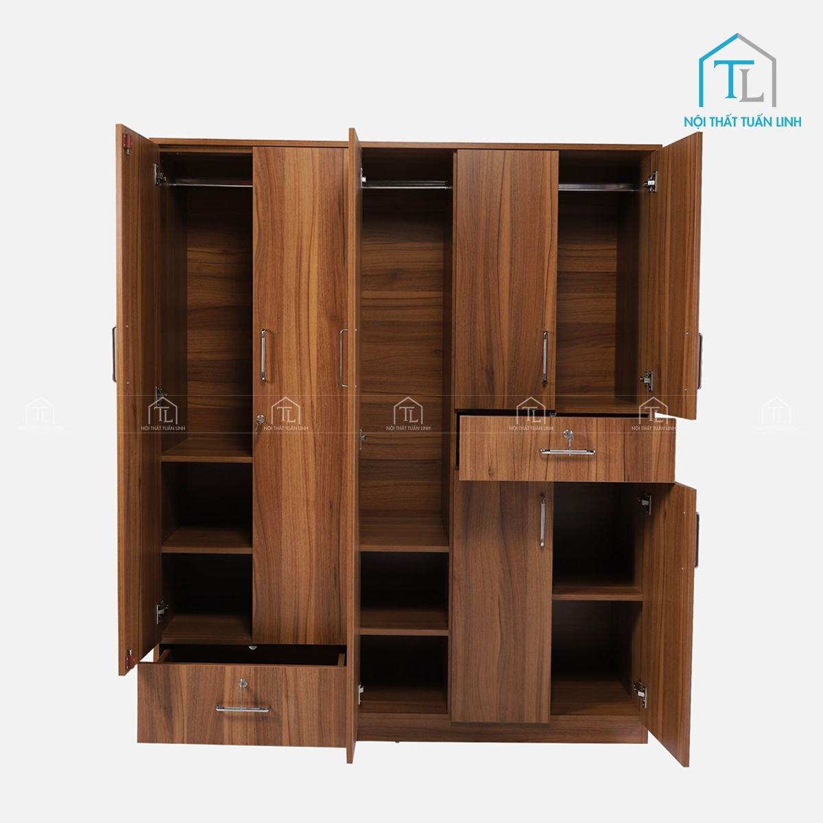 Tủ quần áo 5 cánh gỗ MDF vânn gỗ óc chó hiện đại
