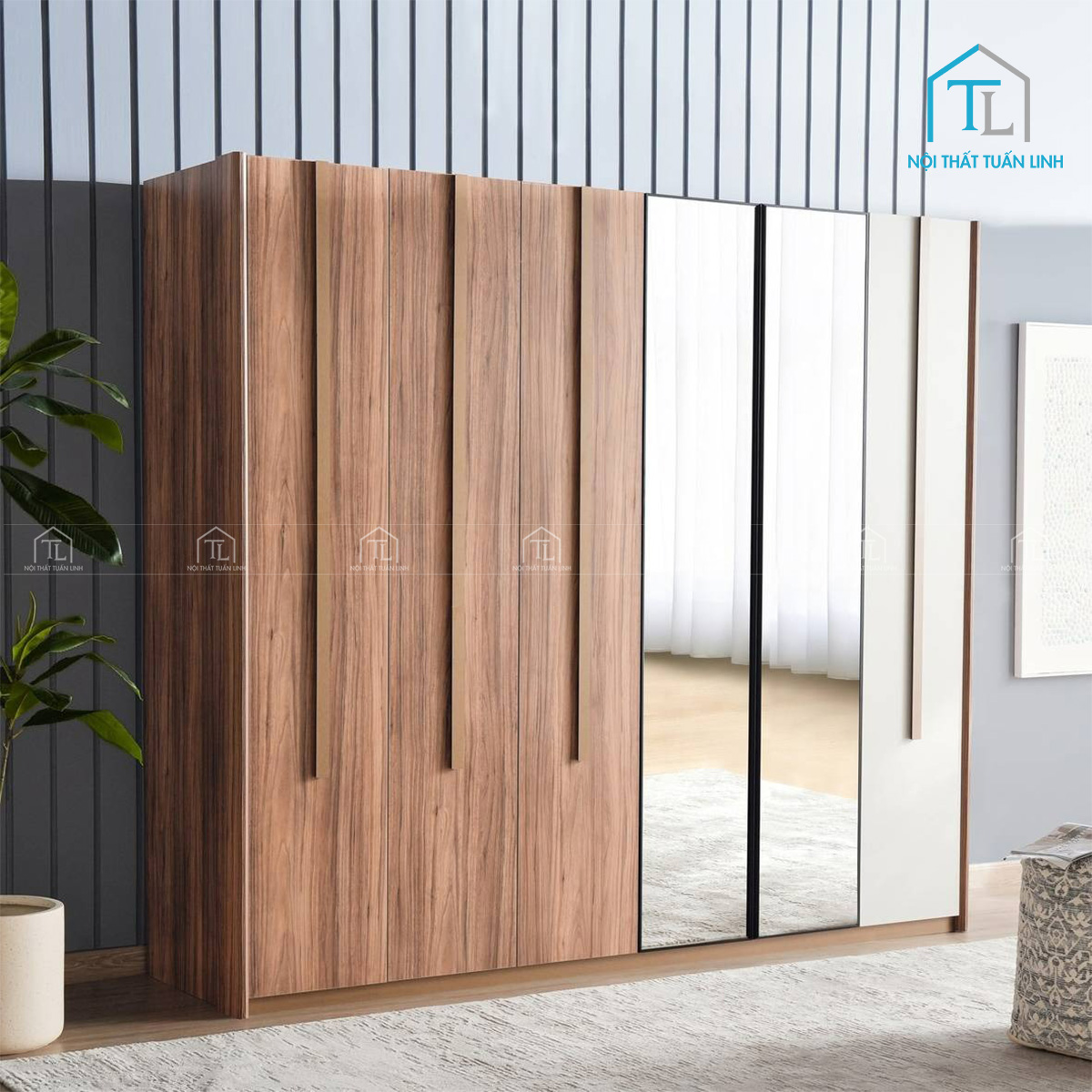 Tủ quần áo 6 cánh gỗ công nghiệp màu be phối vân gỗ walnut hiện đại