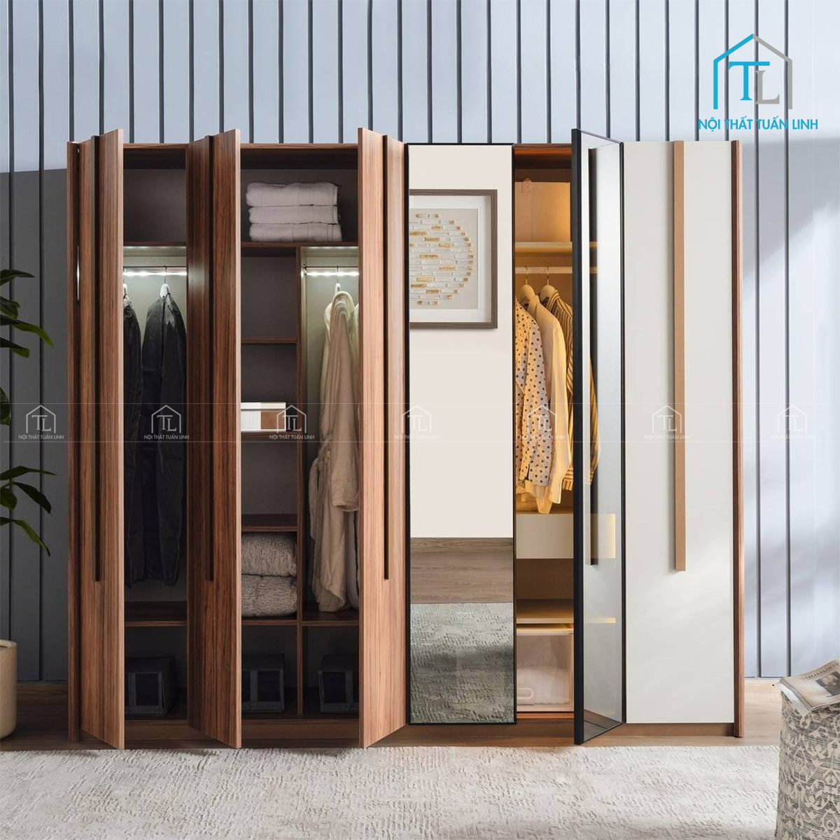 Tủ quần áo 6 cánh gỗ công nghiệp màu be phối vân gỗ walnut hiện đại