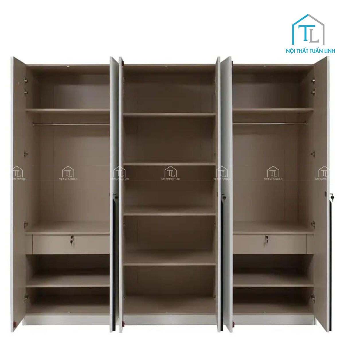 Tủ quần áo 6 cánh gỗ công nghiệp sơn bóng trắng cao cấp nhiều ngăn tiện dụng