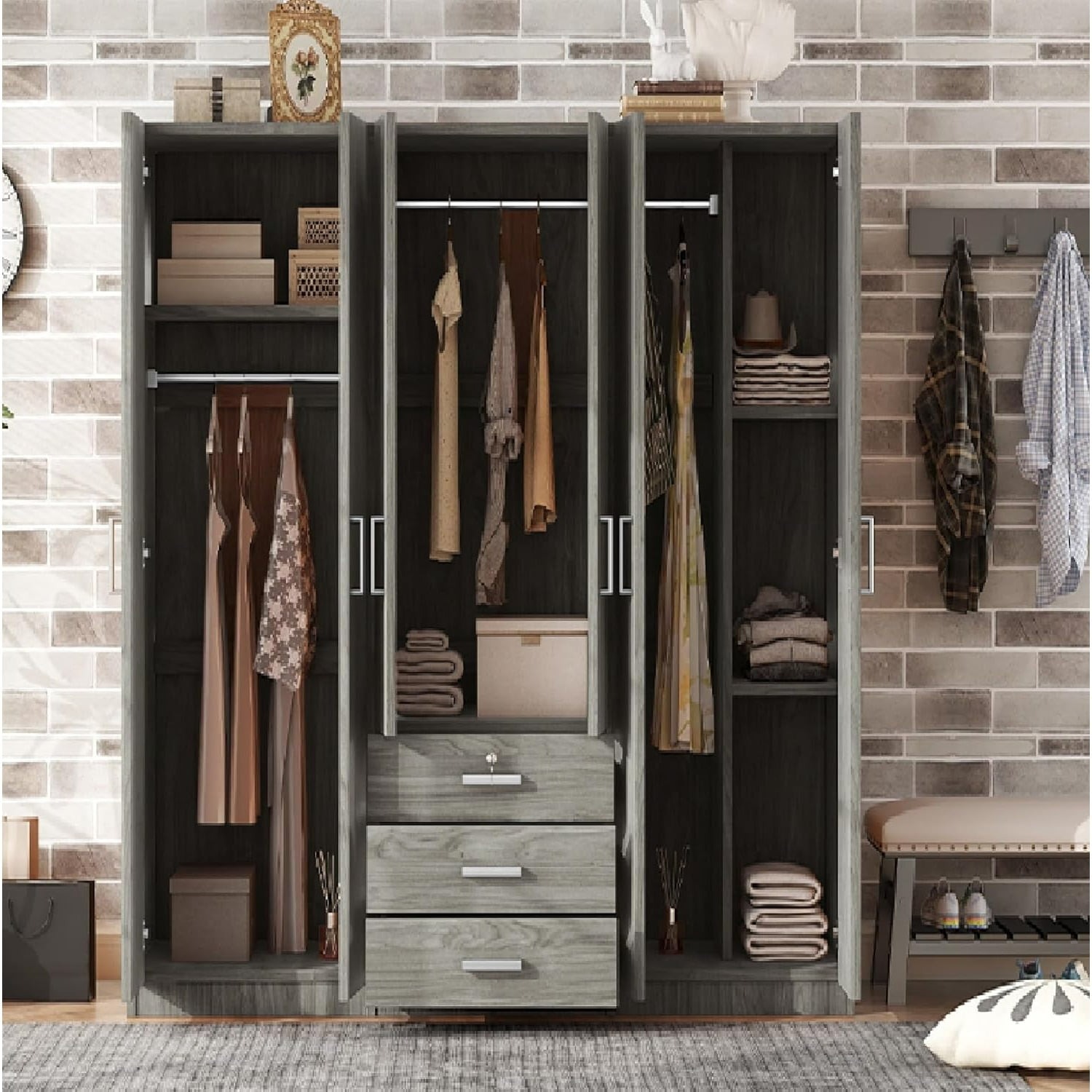 Tủ quần áo 6 cánh gỗ MDF màu xám thiết kế hiện đại nhiều ngăn lưu trữ