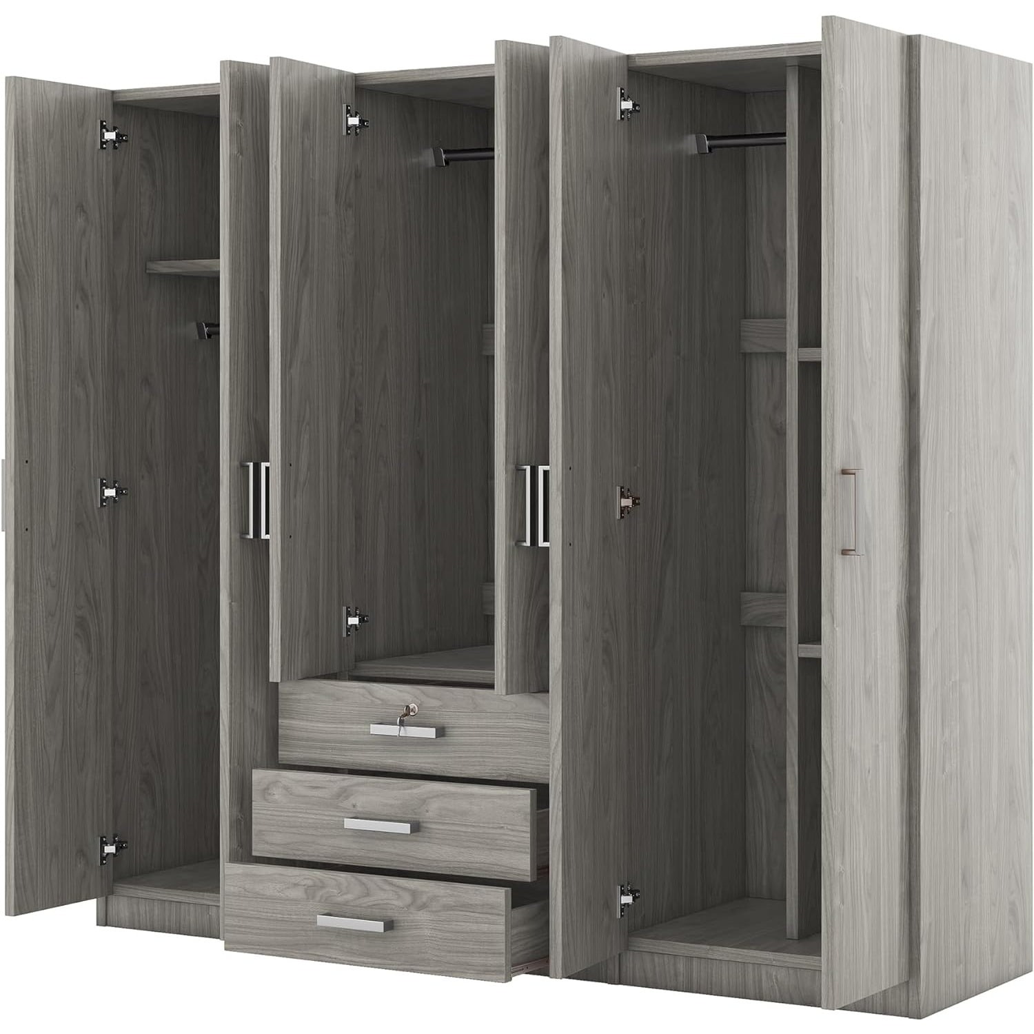 Tủ quần áo 6 cánh gỗ MDF màu xám thiết kế hiện đại nhiều ngăn lưu trữ