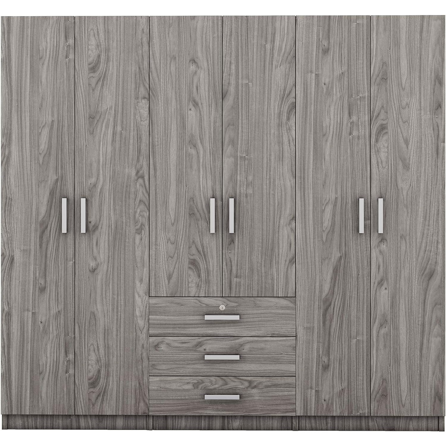 Tủ quần áo 6 cánh gỗ MDF màu xám thiết kế hiện đại nhiều ngăn lưu trữ