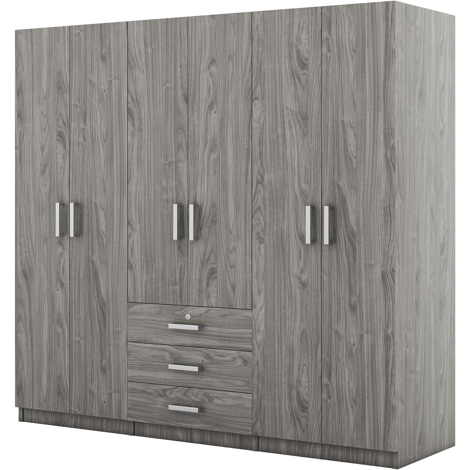 Tủ quần áo 6 cánh gỗ MDF màu xám thiết kế hiện đại nhiều ngăn lưu trữ