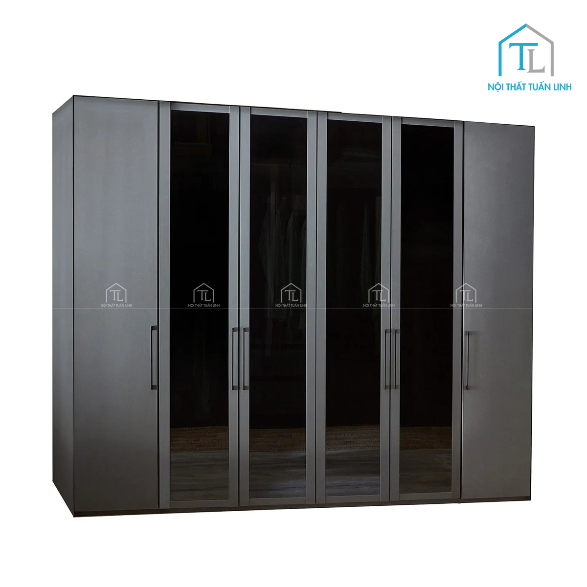 Tủ quần áo 6 cánh kính gỗ MDF màu đen phong cách hiện đại