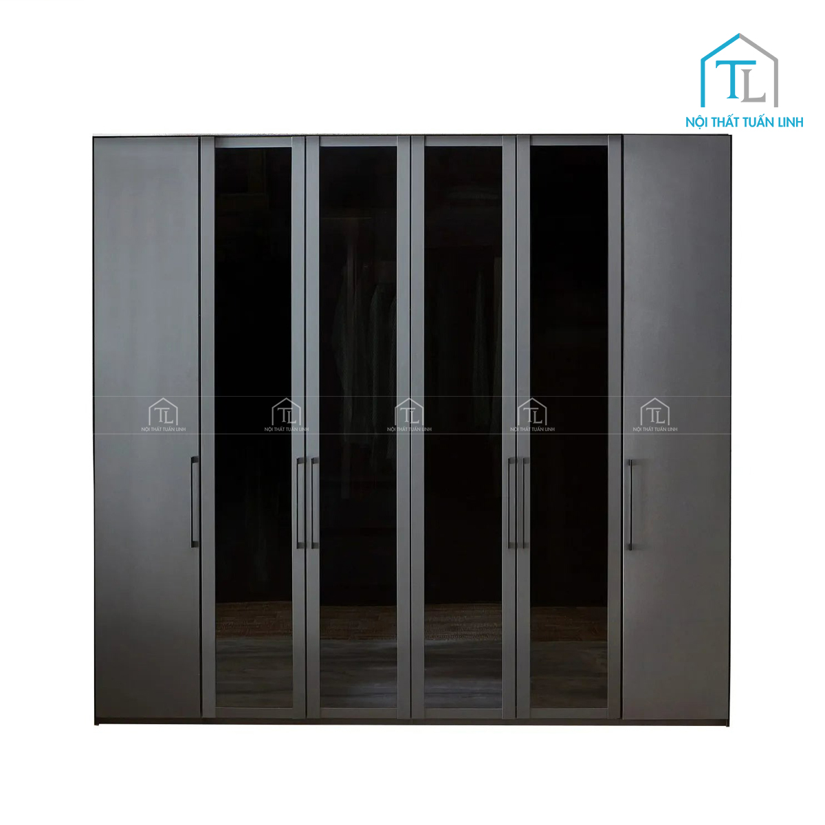 Tủ quần áo 6 cánh kính gỗ MDF màu đen phong cách hiện đại