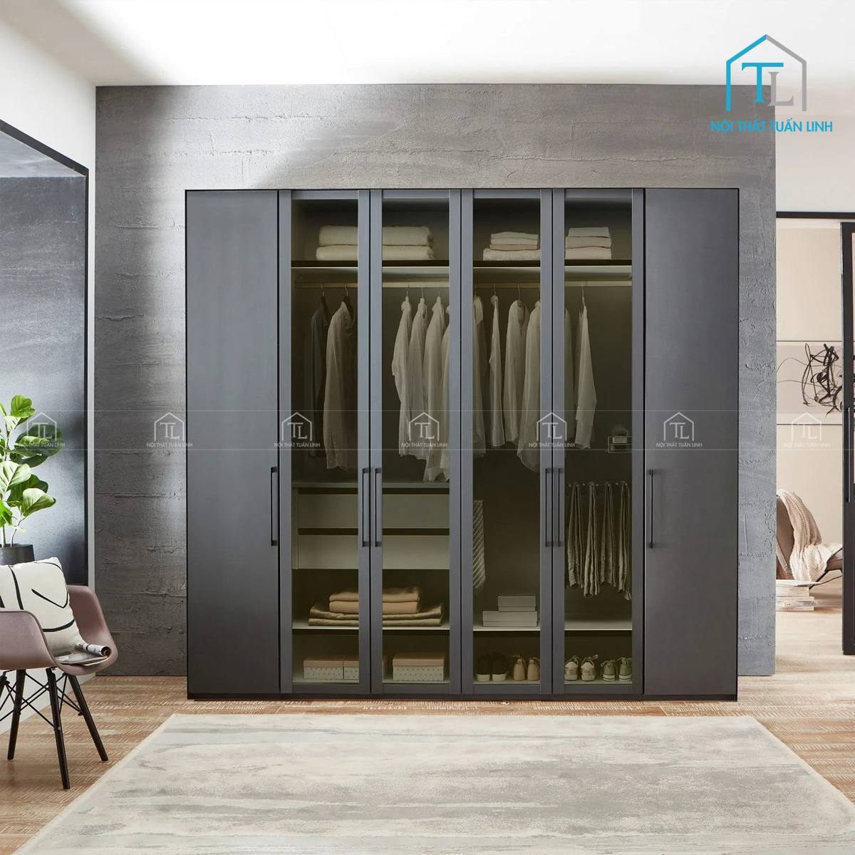 Tủ quần áo 6 cánh kính gỗ MDF màu đen phong cách hiện đại