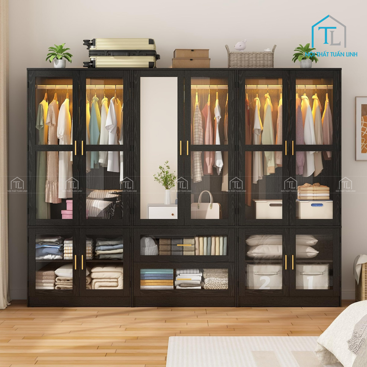 Tủ quần áo 6 cánh kính gỗ MDF có đèn LED và ngăn kéo thiết kế hiện đại