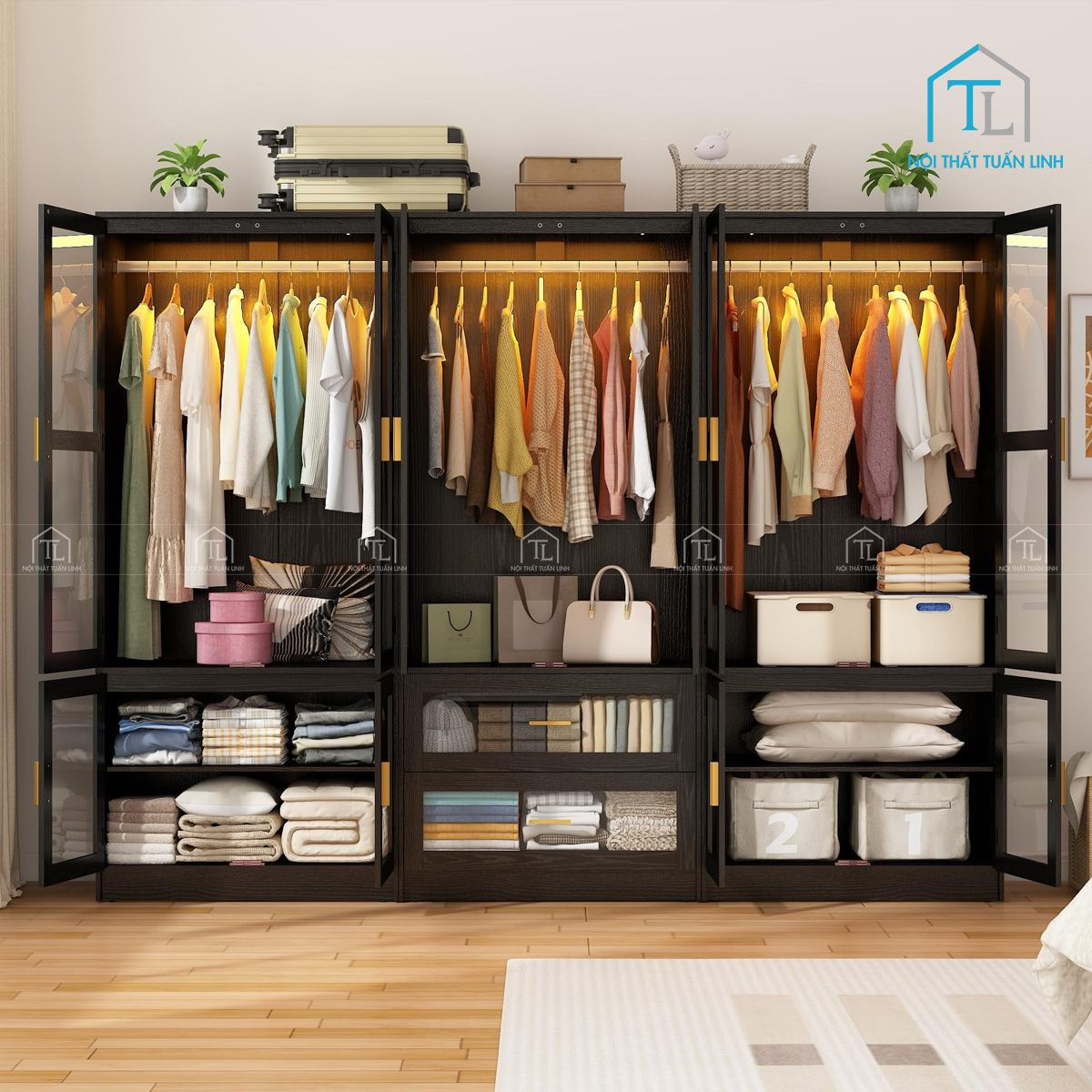 Tủ quần áo 6 cánh kính gỗ MDF có đèn LED và ngăn kéo thiết kế hiện đại