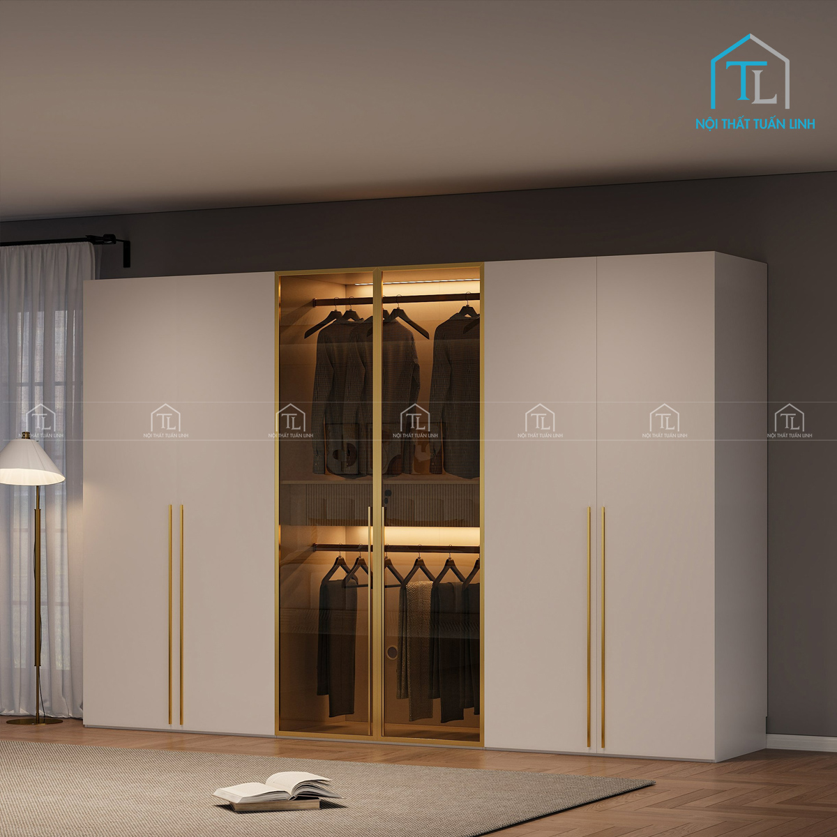 Tủ quần áo cánh kính MDF màu trắng thiết kế hiện đại tích hợp đèn led