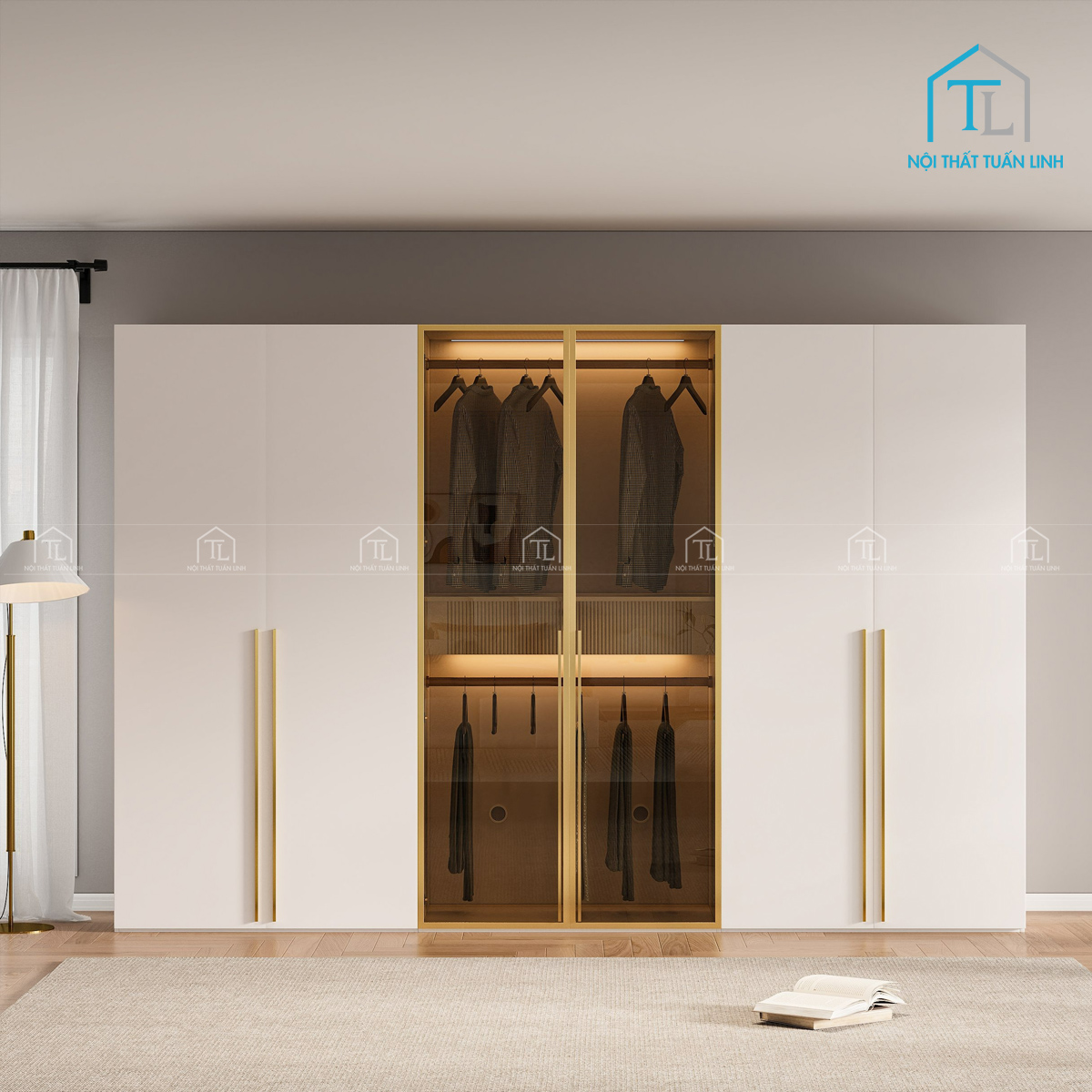 Tủ quần áo cánh kính MDF màu trắng thiết kế hiện đại tích hợp đèn led