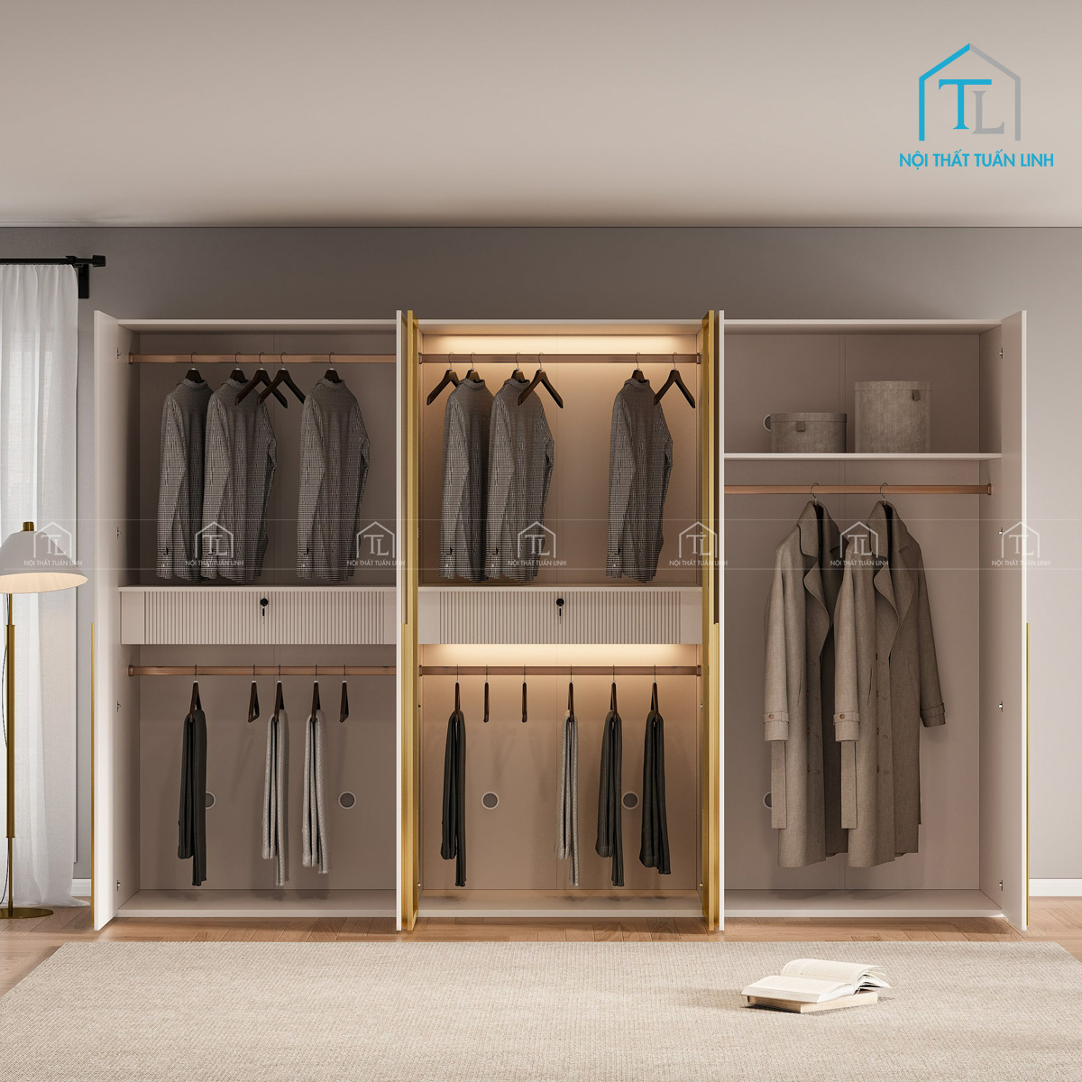Tủ quần áo cánh kính MDF màu trắng thiết kế hiện đại tích hợp đèn led