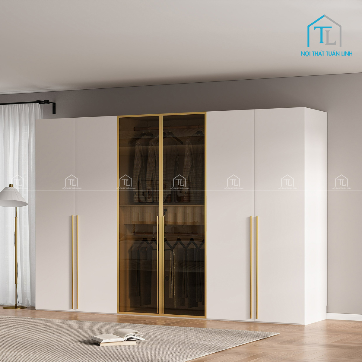 Tủ quần áo cánh kính MDF màu trắng thiết kế hiện đại tích hợp đèn led
