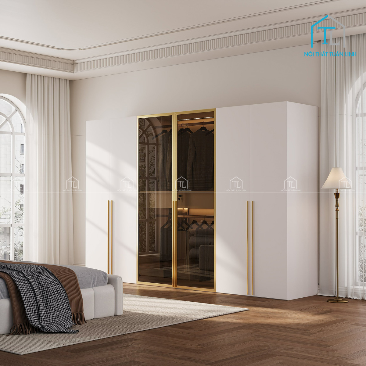 Tủ quần áo cánh kính MDF màu trắng thiết kế hiện đại tích hợp đèn led