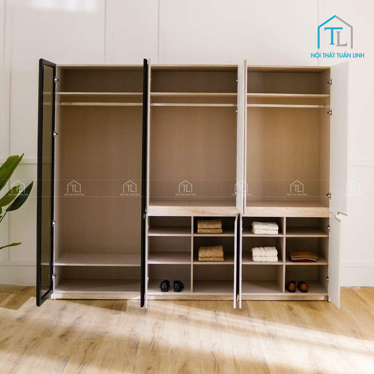 Tủ quần áo 6 cánh MDF cánh kính thiết kế hiện đại màu be