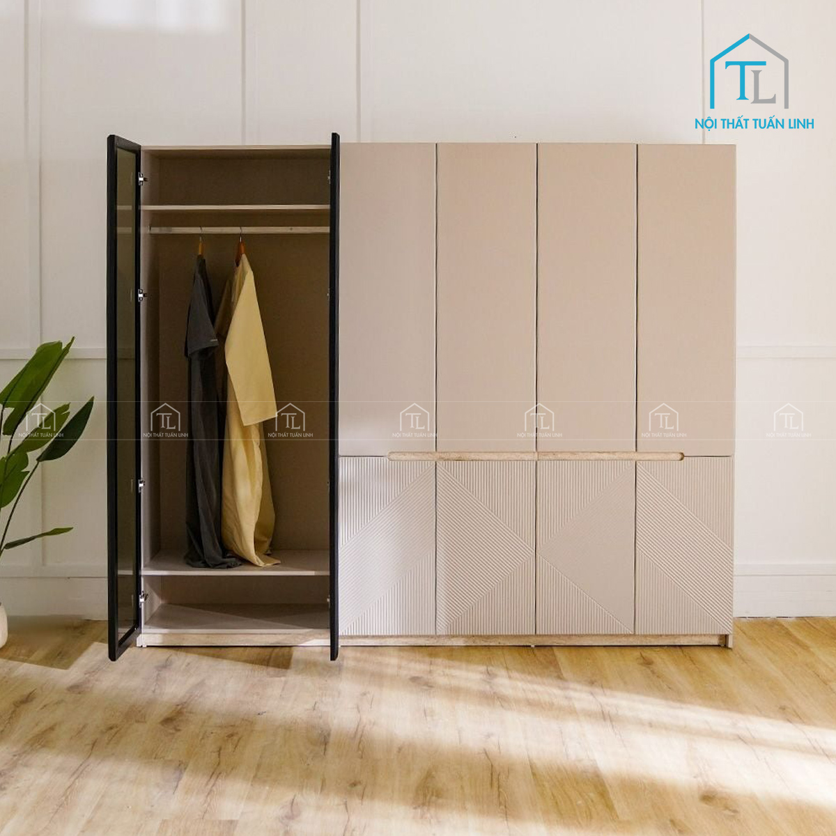 Tủ quần áo 6 cánh MDF cánh kính thiết kế hiện đại màu be