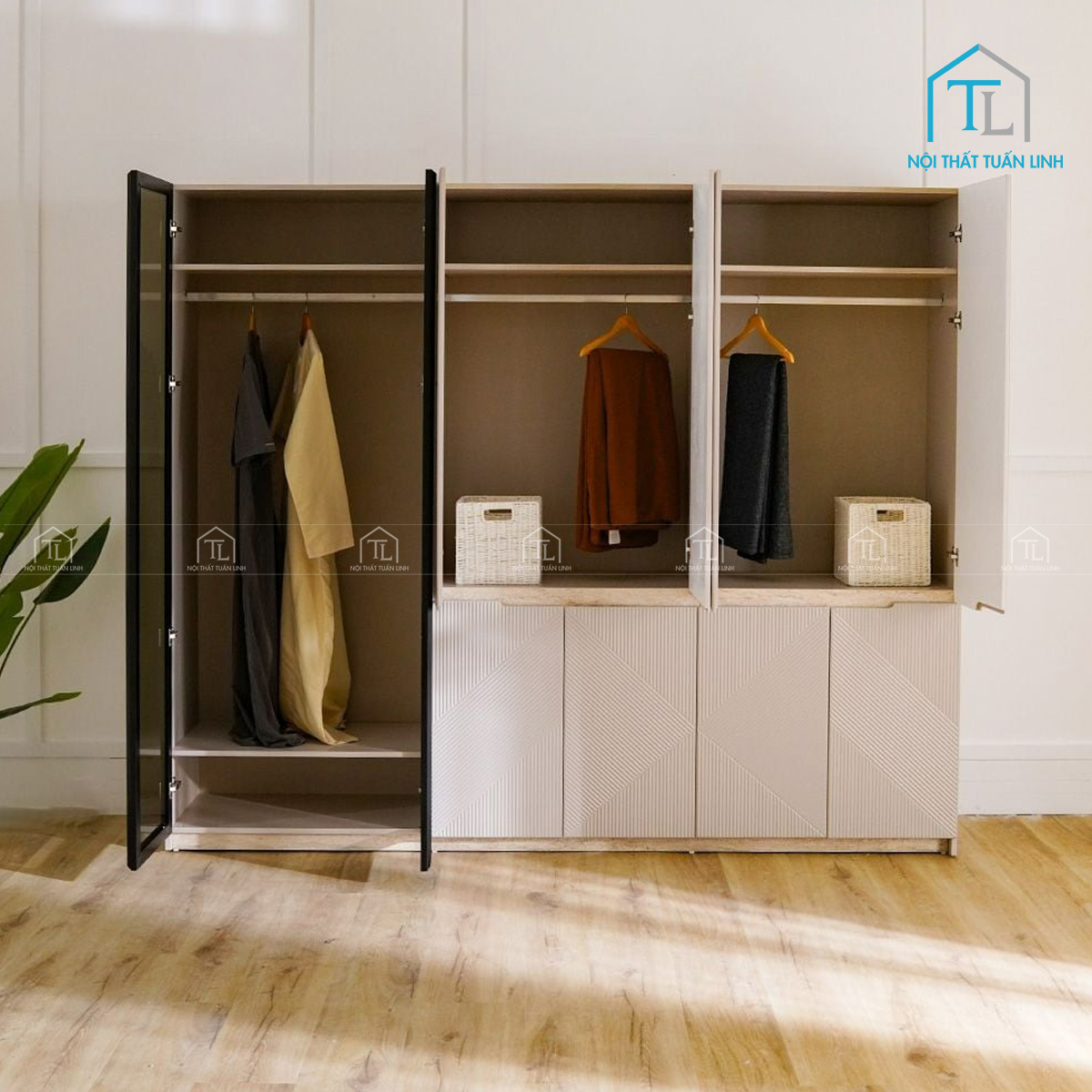 Tủ quần áo 6 cánh MDF cánh kính thiết kế hiện đại màu be