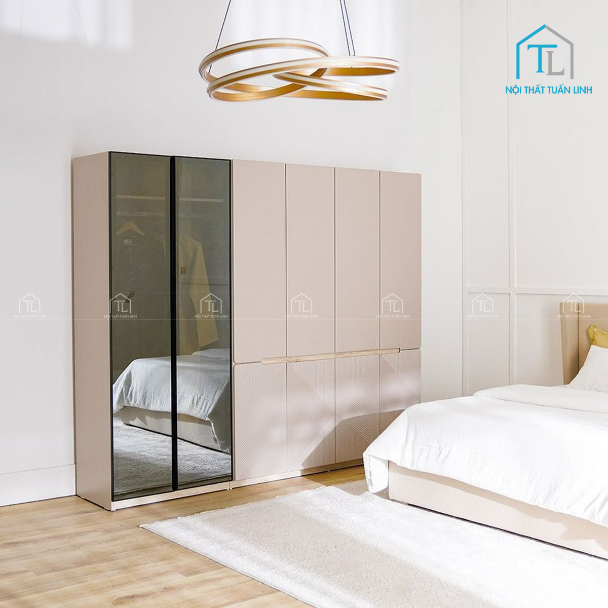 Tủ quần áo 6 cánh MDF cánh kính thiết kế hiện đại màu be