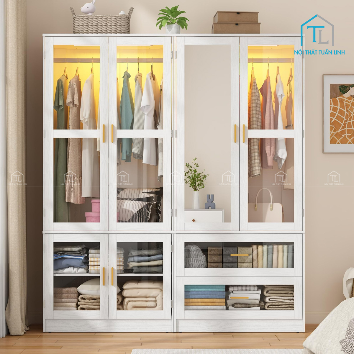 Tủ quần áo cánh kính 4 cánh tích hợp đèn LED