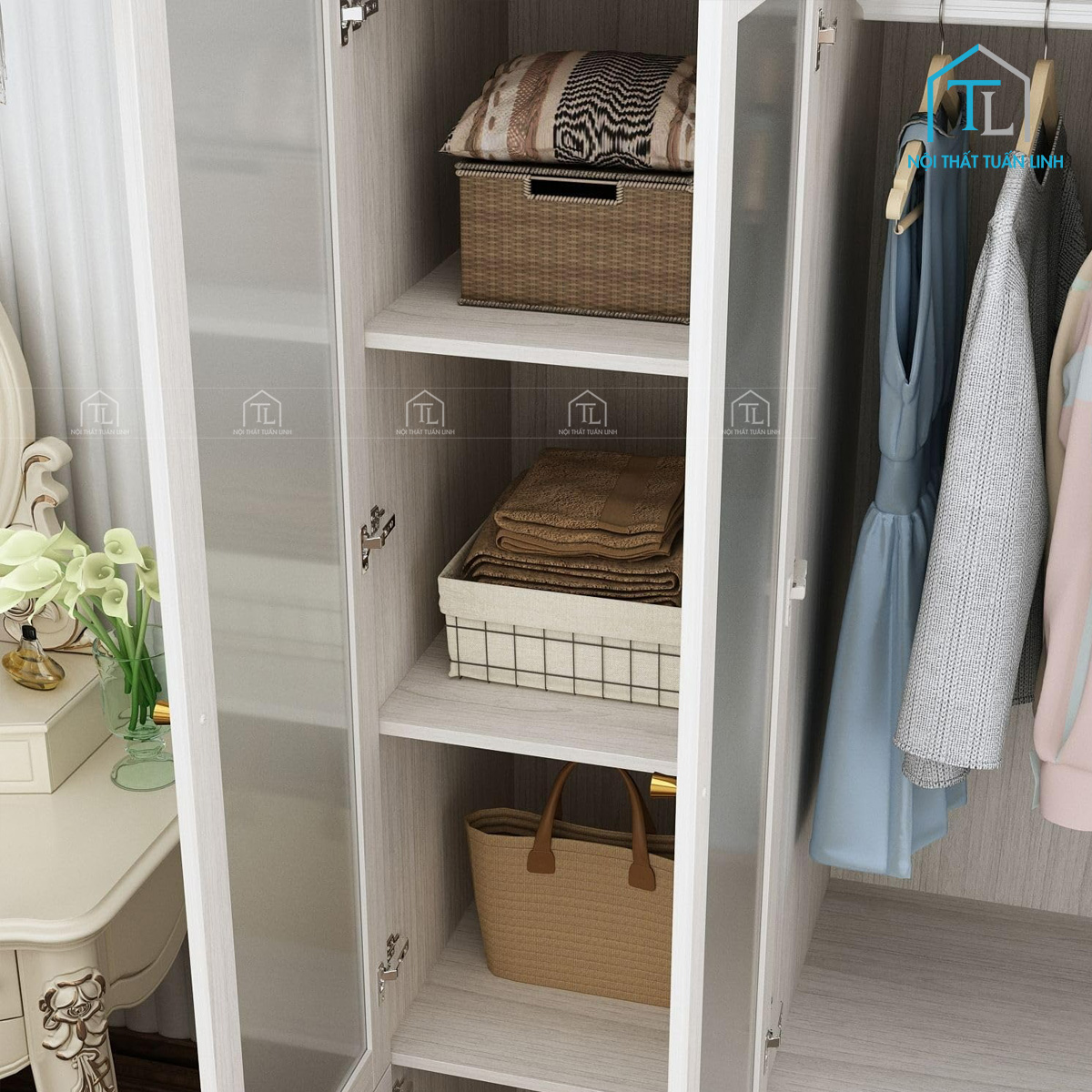 Tủ quần áo cánh kính 4 cánh màu trắng gỗ MDF vân gỗ hiện đại giá tốt