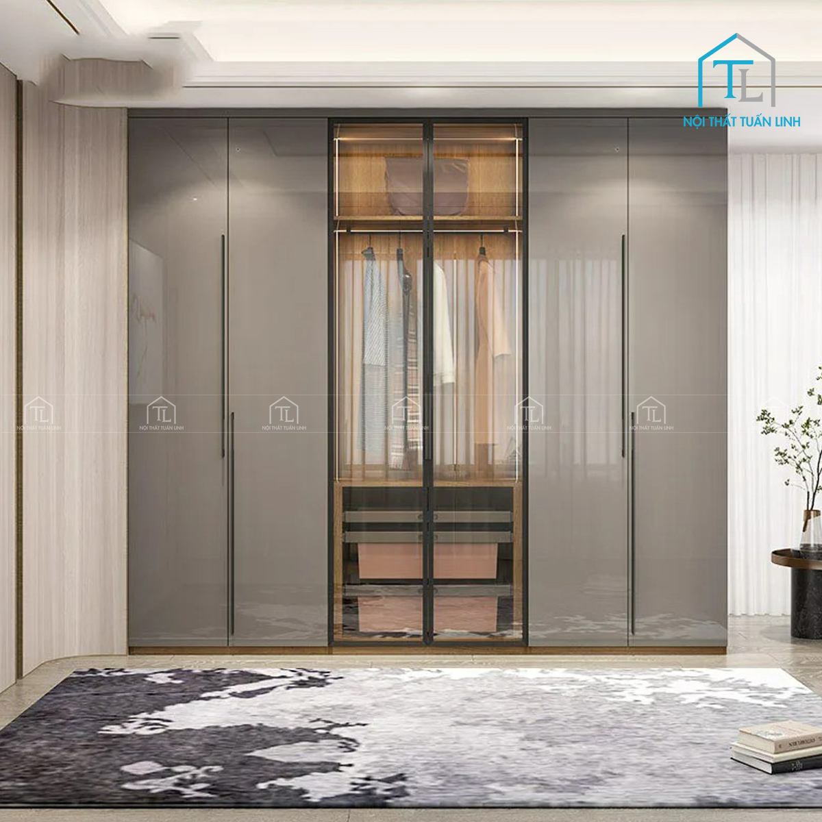 Tủ quần áo cánh kính 6 cánh màu xám hiện đại