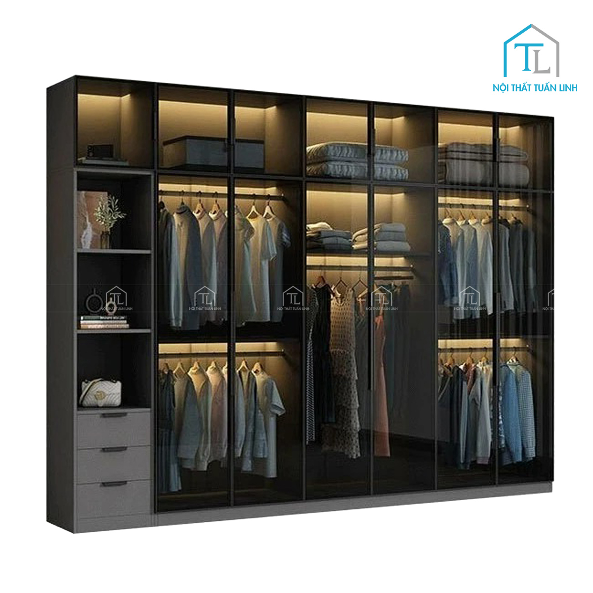 Tủ quần áo cánh kính 6 cánh gỗ MDF màu xám hiện đại