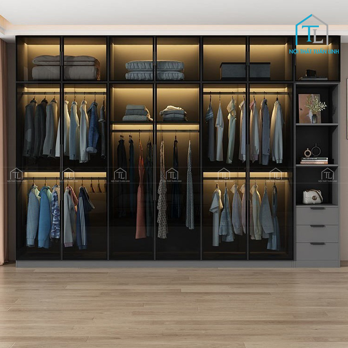 Tủ quần áo cánh kính 6 cánh gỗ MDF màu xám hiện đại