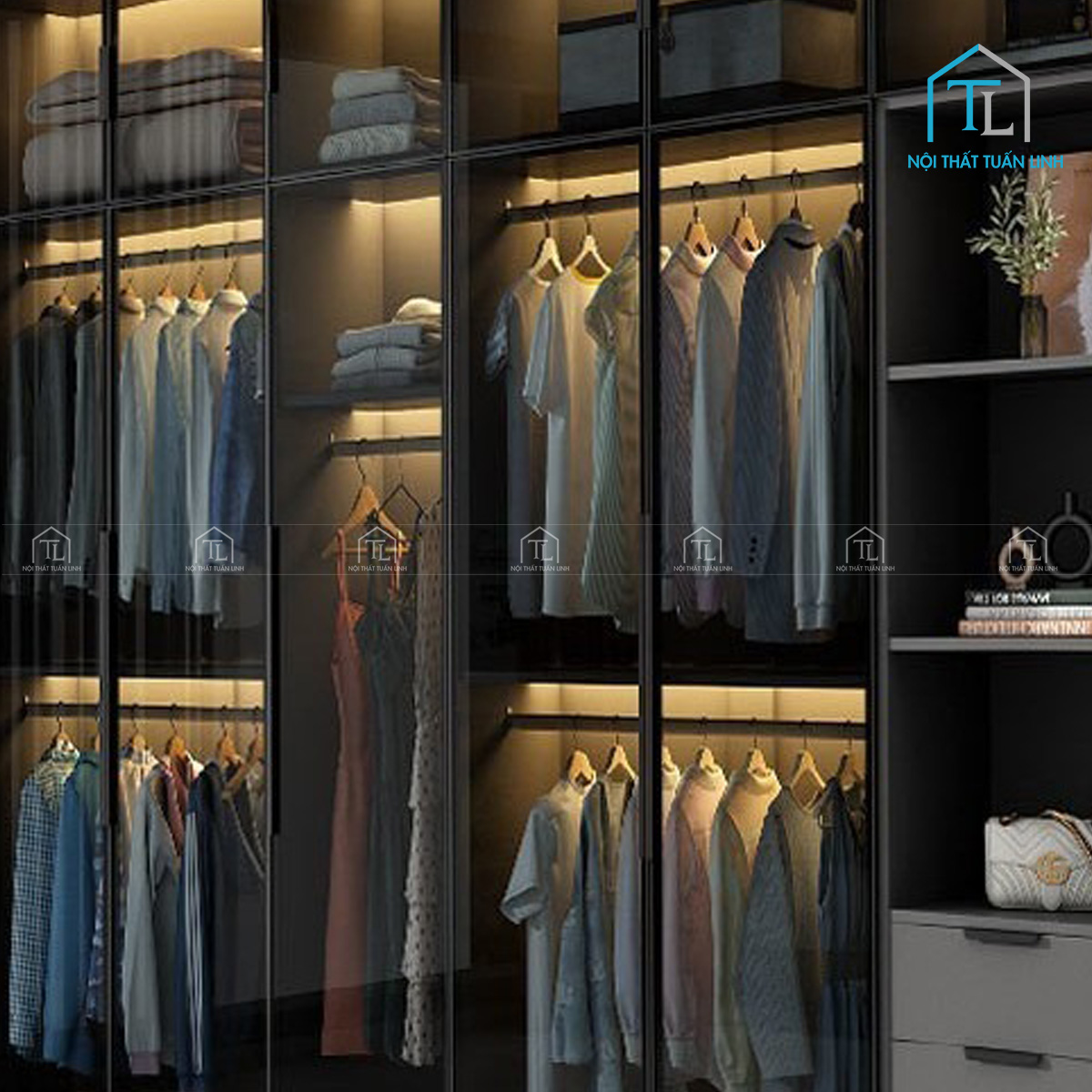 Tủ quần áo cánh kính 6 cánh gỗ MDF màu xám hiện đại