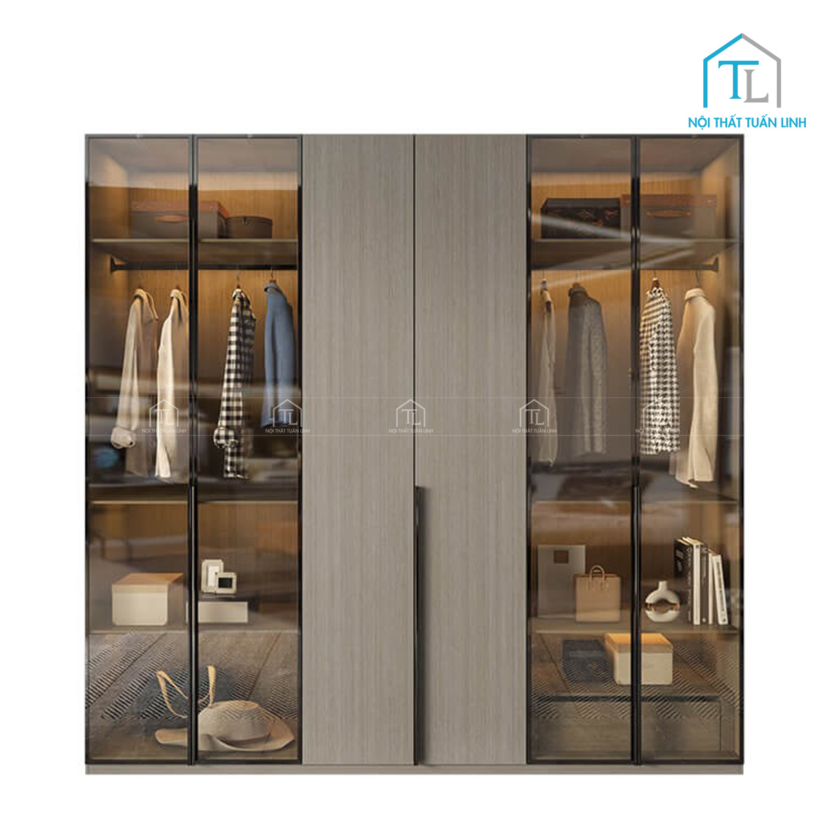 Tủ quần áo cánh kính 6 cánh vân gỗ kết hợp kính màu nâu khói hiện đại