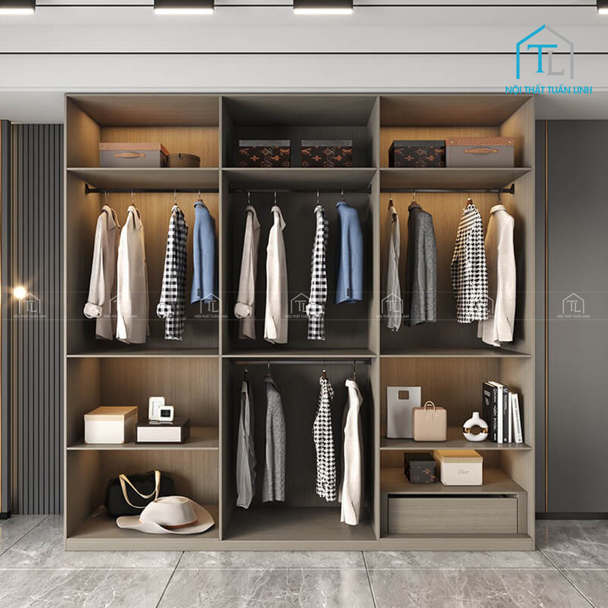 Tủ quần áo cánh kính 6 cánh vân gỗ kết hợp kính màu nâu khói hiện đại