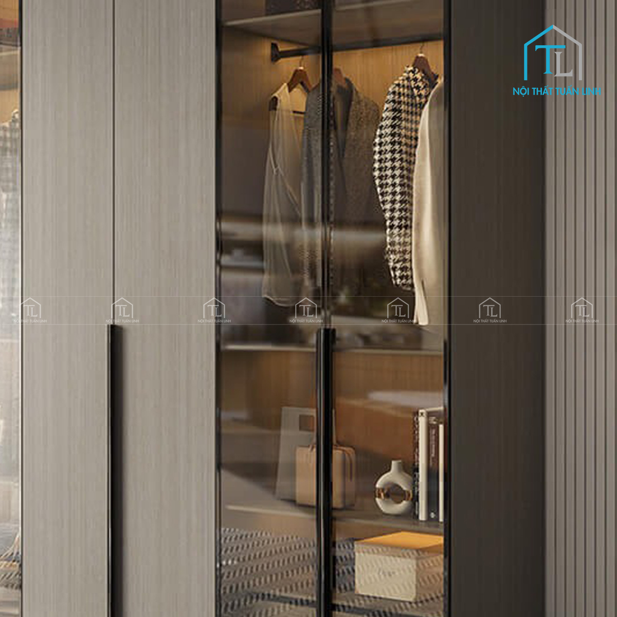 Tủ quần áo cánh kính 6 cánh vân gỗ kết hợp kính màu nâu khói hiện đại