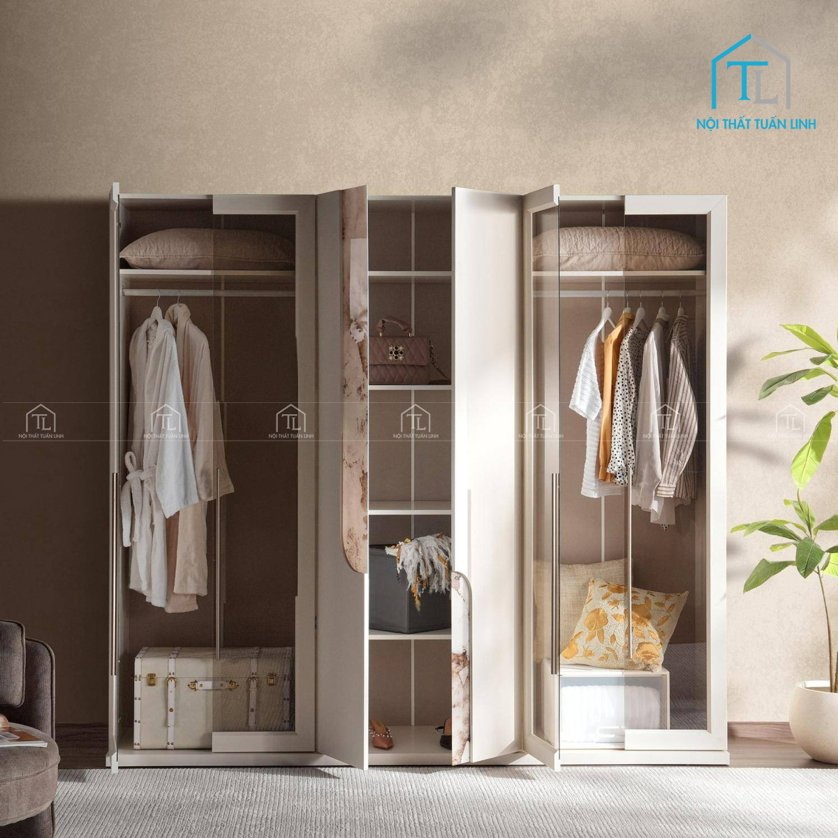Tủ quần áo cách kính 6 cánh gỗ MDF màu trắng kem