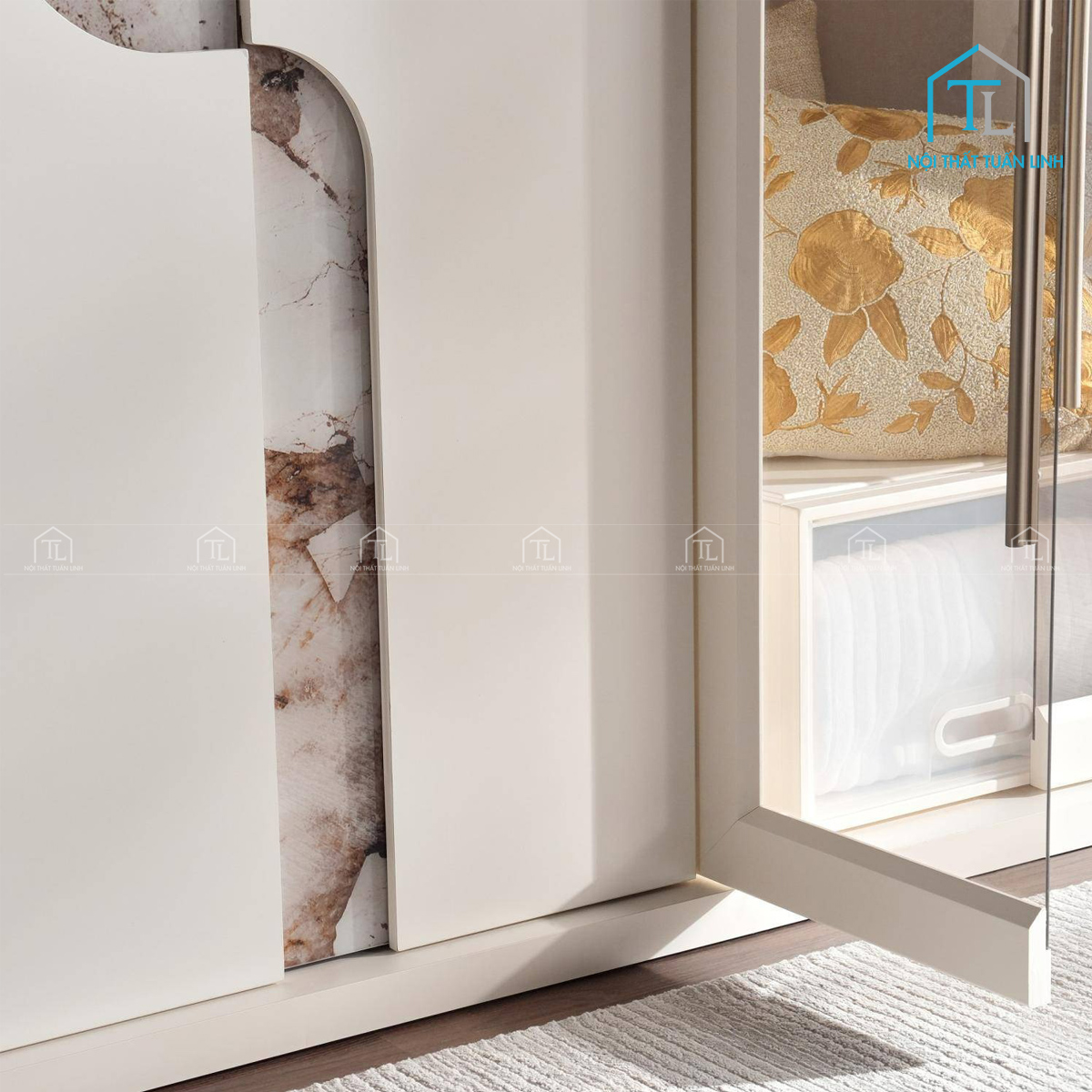 Tủ quần áo cách kính 6 cánh gỗ MDF màu trắng kem