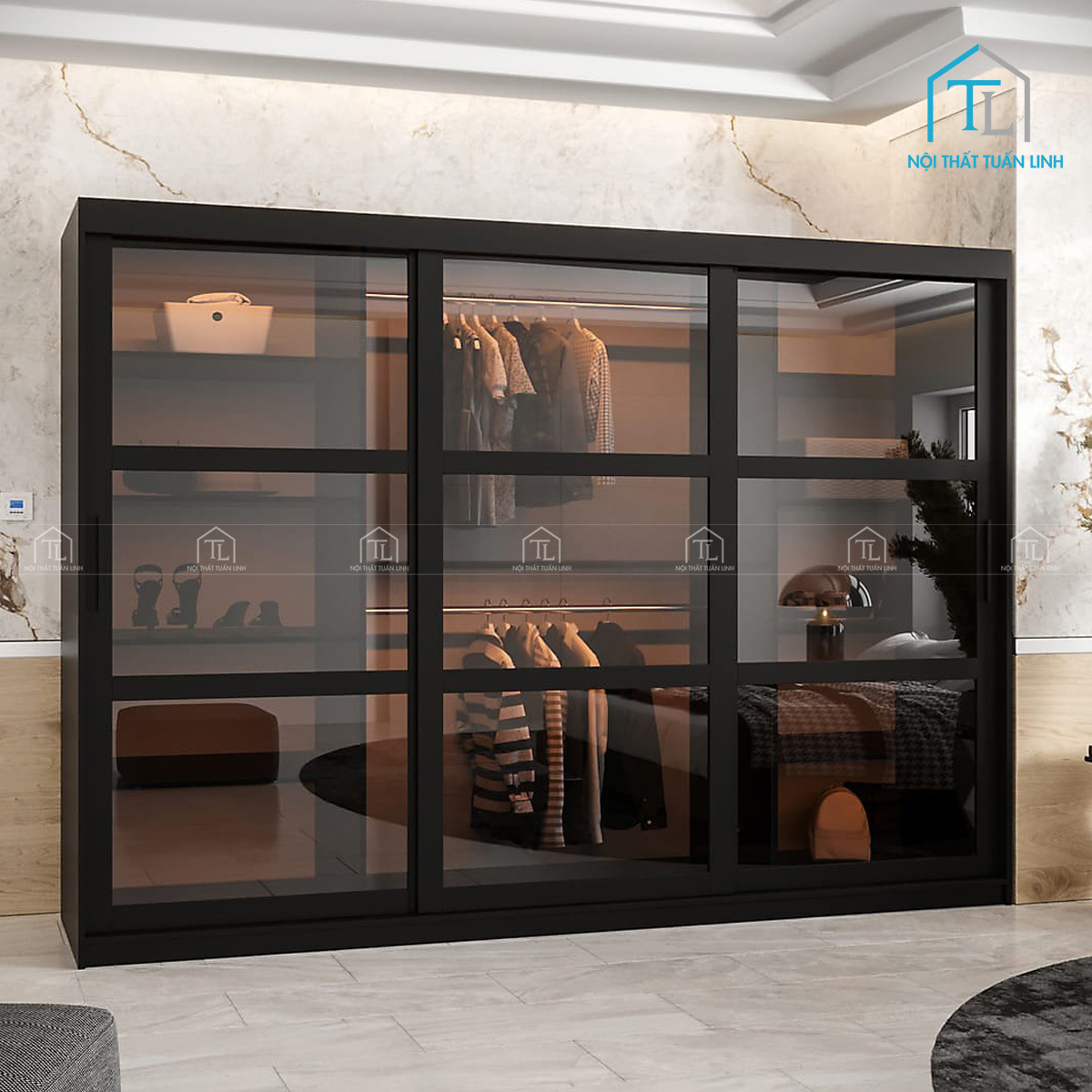 Tủ quần áo cánh kính cửa lùa màu đen hiện đại